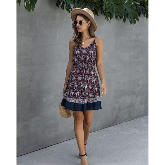 Summer Flower Printed V-Neck Sleeveless Ruffled Dress Buttons Size S - Picture 2 of 5